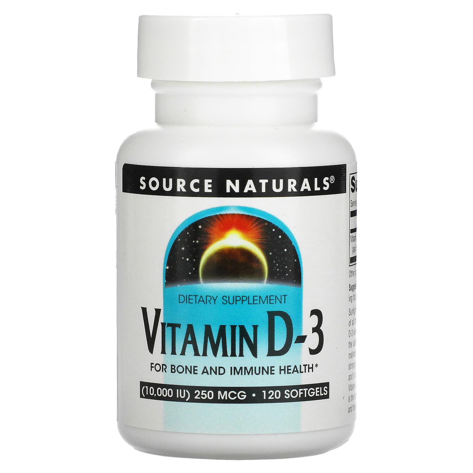 Source Naturals, Vitamin D-3 10000 IU, 120 Softgels UPC 021078027928 | HiLife Vitamins